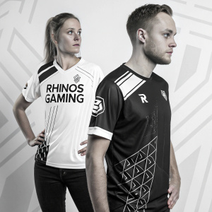 Custom Rhinos Gaming t-shirts on a sleek, minimalist background. Black and white designs feature team logos and names. Athletes modeling gaming jerseys with modern, geometric style.