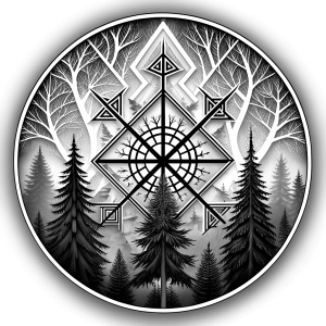 vegvisir geometric symbols - ragnar and trees - tattoo design - perfect realistic art - high-definition - grey and black - white background 