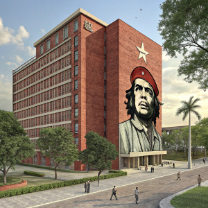 Large brick building with mural of Che Guevara on side.