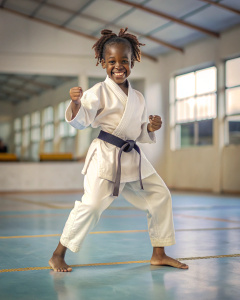 niña karateka de raza negra colombiana, sonriendo en posición de ataque. La toma es de cuerpo completo y se le ven los pies. lugar claro, dojo, Colores realistas, tiempo claro, calidad 4k. tomada con una cámara DSLR de alta resolución, toma de plano general, lente 50mm f/1.8 para enfoque nítido y fondo desenfocado. 
