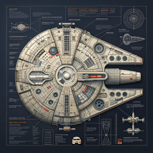 Detailed diagram of the Millennium Falcon from Star Wars. Dark, intricate background. Technical schematics and systems visible.