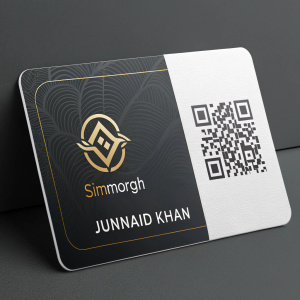Close-up of sleek, modern business cards for Junnaid Khan. Project Manager at Simmorgh. Cards feature a QR code, professional design, and the Simmorgh logo on the darker card.