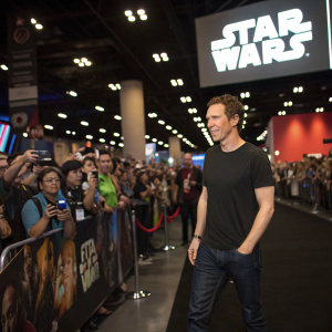 Benedict Cumberbatch attending the Star Wars Celebration. Wearing a black t-shirt and dark jeans. Crowded event space with fans and media.