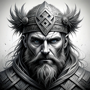 walhalla, viking warrior,  runics face, black work, white backrounds