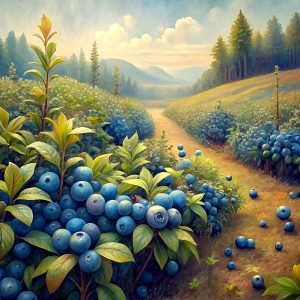 Vintage Old Oil Painting, Soft Colors, Stunning Blueberry Farm. Photo Realistic