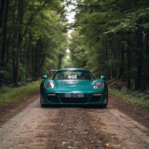 A sleek teal Porsche Carrera GT, license plate '4GT', parked on a rural dirt road surrounded by dense forest.