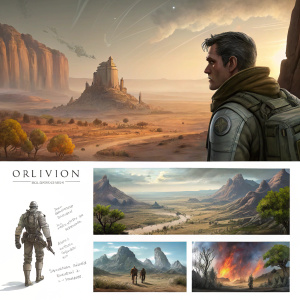Concept art for 'Oblivion', an upcoming animated film. Featuring sketches and detailed renderings. Character and environment designs. Earthy tones, with bursts of vibrant color. Clearly marked as concept art.