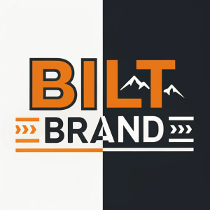 Bilt Brand logo designs. First, orange text on white background, second, white text on black. Both have bold, sans-serif font and minimalistic style.