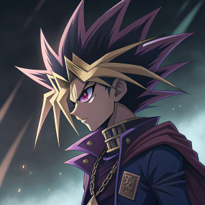 Yami Yugi, depicted in a dramatic duel scene. Complex hairstyle, intense gaze. Dark and mystical background.