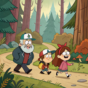 A colorful promotional poster for Gravity Falls featuring Grunkle Stan, Dipper Pines, Mabel Pines with her hair bow, Soos, and Wendy. Set against a lush forest background with winding paths.
