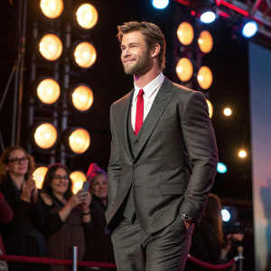 Chris Hemsworth at a Hollywood charity gala, wearing a charcoal suit and red tie. Glowing stage lights and applause behind him.