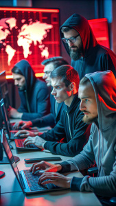  imágenes de hackers trabajando juntos y pantallas de computadora, con toques rojos.