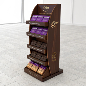 3D design of a sleek brown display stand for Cadbury Dark Milk chocolate. The stand features several tiers, each holding diverse packaging styles of the chocolate, set against a minimalist background.