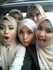 Indonesian hijab women in group shirtless, wearing bra, hands up, showing armpits, tongue popping, selfie in car, sweaty, high detailed, photorealistic
