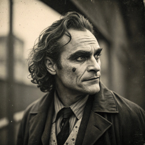 Vintage black and white photograph of Joaquin Phoenix as Joker. The image appears aged and worn.