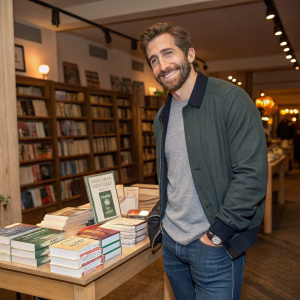 Jake Gyllenhaal in a casual outfit, bearded and with short hair, attending a book launch event in a cozy bookstore.