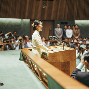 Aung San Suu Kyi, in a dignified pose, speaking at a United Nations conference. Crowded hall with journalists and delegates