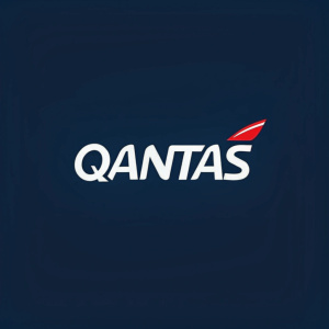 The logo for Qantas Airways features a sleek design with a dark blue background and white text.