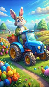 Easter bunny rides a blue tractor in a field with painted Easter eggs