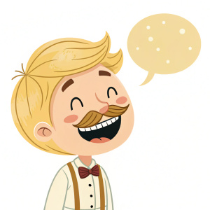 A jovial cartoon character with blonde hair and mustache, exuding happiness through his wide grin and meticulously groomed mustache. The scene is minimalist, with a simple speech bubble floating beside him, set against a plain white backdrop.