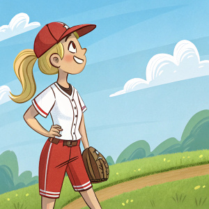 Digital illustration of a cartoon female baseball player, blonde ponytail, red cap, white jersey, red shorts. Background: sunny baseball field.