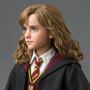 Hermione Granger, detailed collectible figure. Wearing Hogwarts robes, Gryffindor tie, youthful face. Neutral expression. Gray background