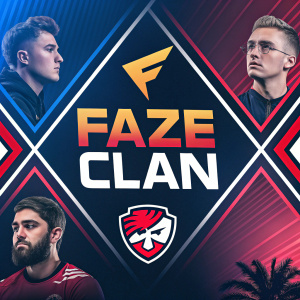 Promotional image for Faze Clan. Dynamic, vibrant colors. Bold typography. Logos and icons in cool design.