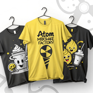 Trendy t-shirts with Atom Milkshake Factory logo, vibrant black and yellow colors. Cool designs with radiation symbols and mascot elements.