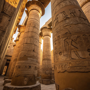 Close-up shot of ancient Egyptian columns at Luxor Temple. Intricate hieroglyphics cover every inch of the stone. Warm, golden light highlights the textures and patterns. The camera angle is slightly tilted downwards, capturing the grandeur and detail of the columns.