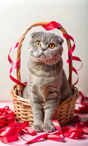 A Scottish Fold cat sitting beside a basket filled with Valentine’s Day cards, with red and pink ribbons woven through its fur.