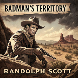 Vintage movie poster for 'Badman's Territory' (1946). Randolph Scott in prominent cowboy pose, amidst dramatic Western landscape. Wanted posters scatter background. Sepia tones dominate, with action and suspense emphasized.