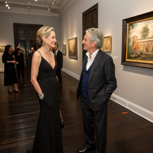 Sharon Stone and Roger Klein at an art gallery opening. Dark wood floors, paintings on the walls.