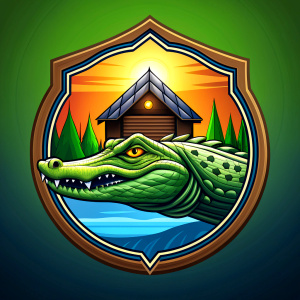 Brightly colored logo depicting a realistic Crocodile and lodge