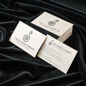Business cards for the Vienna Symphony Orchestra, displayed on a sleek, black velvet backdrop. The cards are white with black text and feature a swirling logo design. They are arranged haphazardly, overlapping slightly, adding to the visual intrigue.