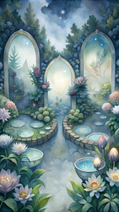 Un jardín místico con espejos de diferentes formas y tamaños entrelazados con flores luminosas. Cada espejo refleja una imagen diferente del alma de quienes lo miran, mostrando facetas ocultas y hermosas.



