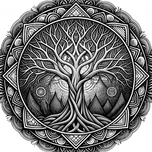 Nordic yggdrasil –  high-definition design grey and black, realistic tattoo design, white background