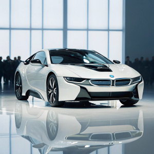 Concept car, futuristic BMW i8, on a shiny chrome floor. Auto show crowd blurred in background.