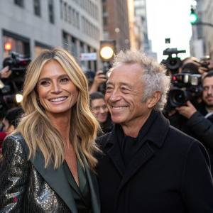 Heidi Klum and Gilles Bensimon, smiling at fashion week event. Crowded street with flashing cameras