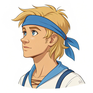 Locke Cole, animated character, blonde hair, blue headband, plain white background