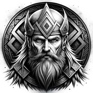 walhalla, viking warrior,  runics face, black work, white backrounds