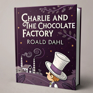 Book cover for 'Charlie and the Chocolate Factory'. Dark purple background, whimsical top hat design, bold title and author in white font. Matching back cover with factory motif and title. Inspired by original artwork.
