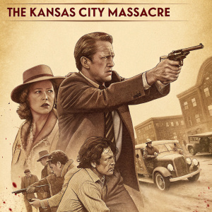 DVD cover for 'The Kansas City Massacre'. Vintage design with sepia tone, dynamic layout featuring multiple characters in crime and action scenes.