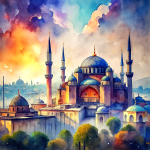 Please make a drawing of the unique skyline of Istanbul. I want a drawing that reflects the historical atmosphere. Important historical buildings such as Hagia Sophia, Topkapi Palace and the Spice Bazaar should stand out in this drawing.