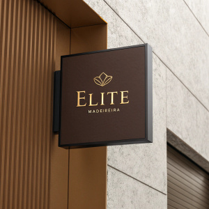 The ELITE Madeireira logo. Sleek design, gold text on a brown backdrop. Minimalistic and elegant