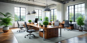 3D render interior design Office Room . Office desks with office chairs. Concept of working place. 3d rendering