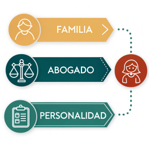 Infographic in Spanish illustrating connections between familia, abogado, and personalidad. Neutral background