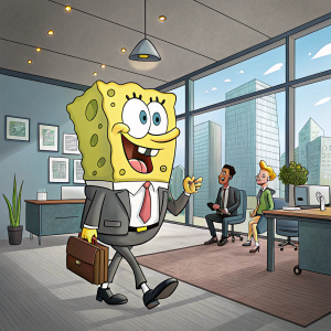 SpongeBob SquarePants in a modern office space. Characters in business suits and casual wear