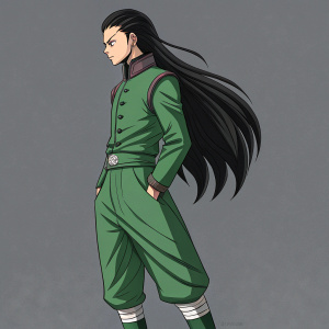 Illumi Zoldyck from HunterXHunter. Green outfit, long black hair, focused expression. Grey background