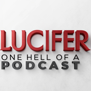 A sleek, eye-catching digital poster for 'Lucifer: One Hell of a Podcast'. The title 'Lucifer' is rendered in bold, crimson, 3D text, while the subtitle in sleek, dark grey font. Against a crisp, uncluttered white backdrop.