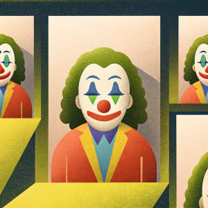 Digital 3D render of the Joker character from DC Comics. Various angles and expressions, clown-like makeup, red and white patterns, green hair and makeup, red outfit, dimly lit background with warm glow